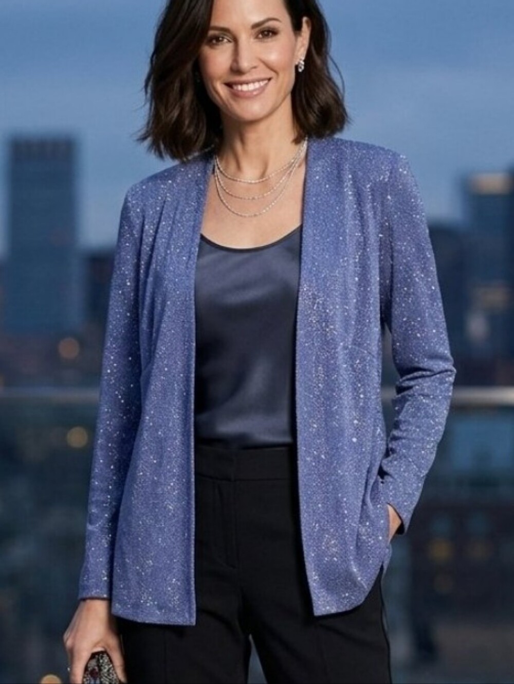 Alex Evenings Blue Sparkle Open-Front Vintage Shoulder Padded Cardigan 16W